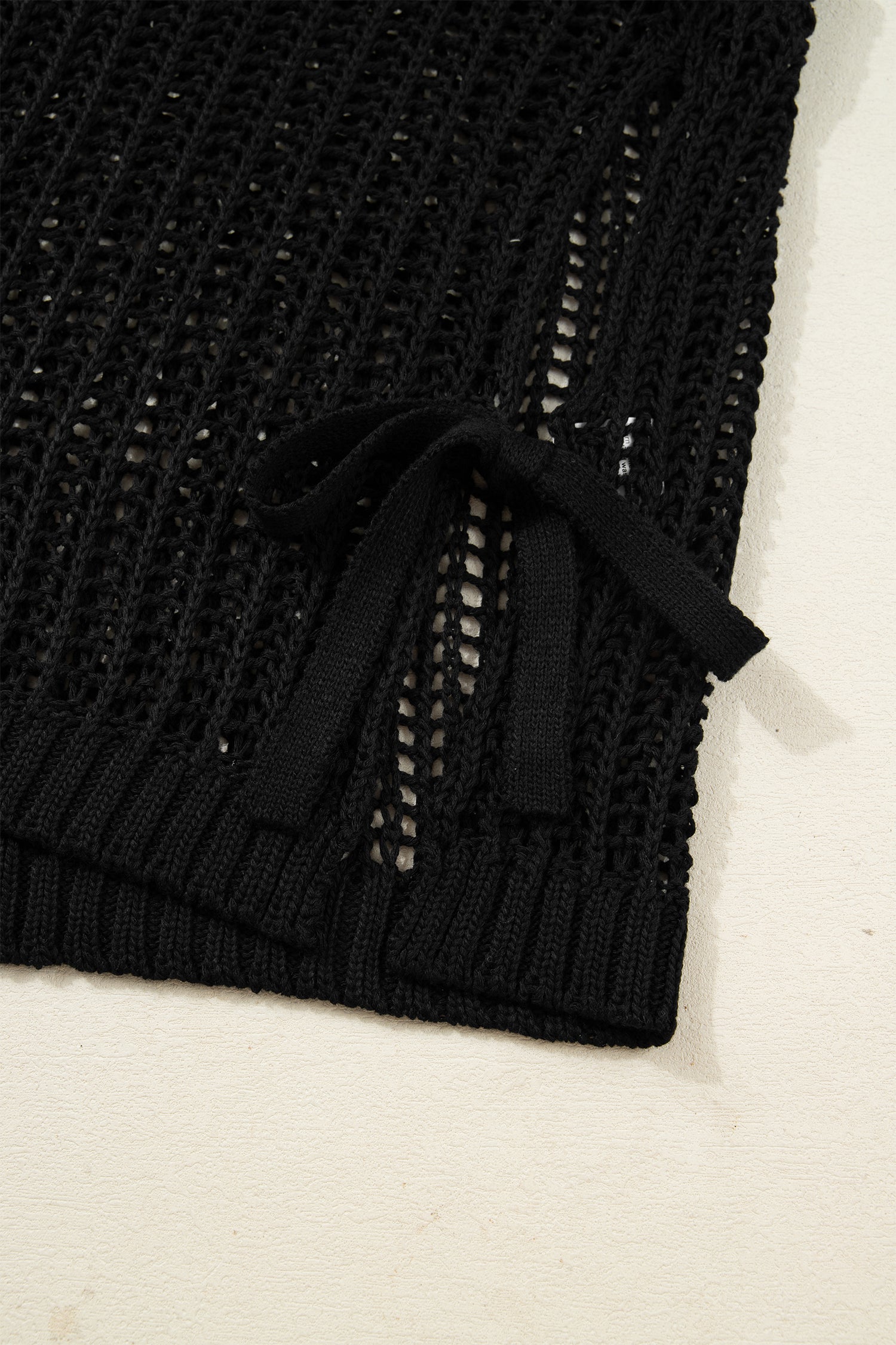 Maglione Donna Nero Plus Size a Maglia Aperta con Fiocchi Manica Corta