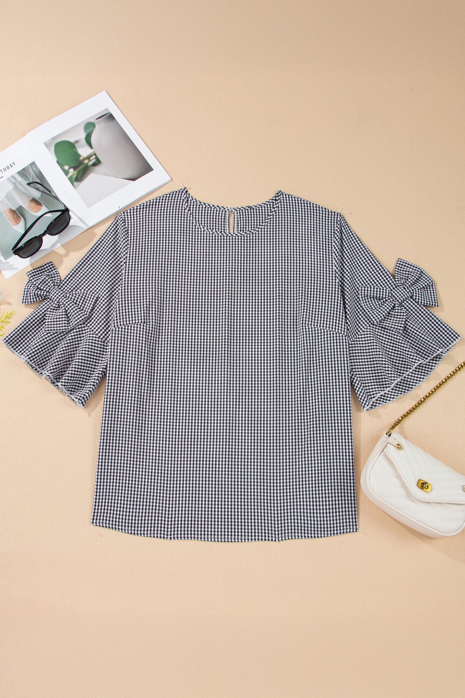 Maglione Donna Plus Size Nero a Quadri con Fiocco e Maniche a Campana
