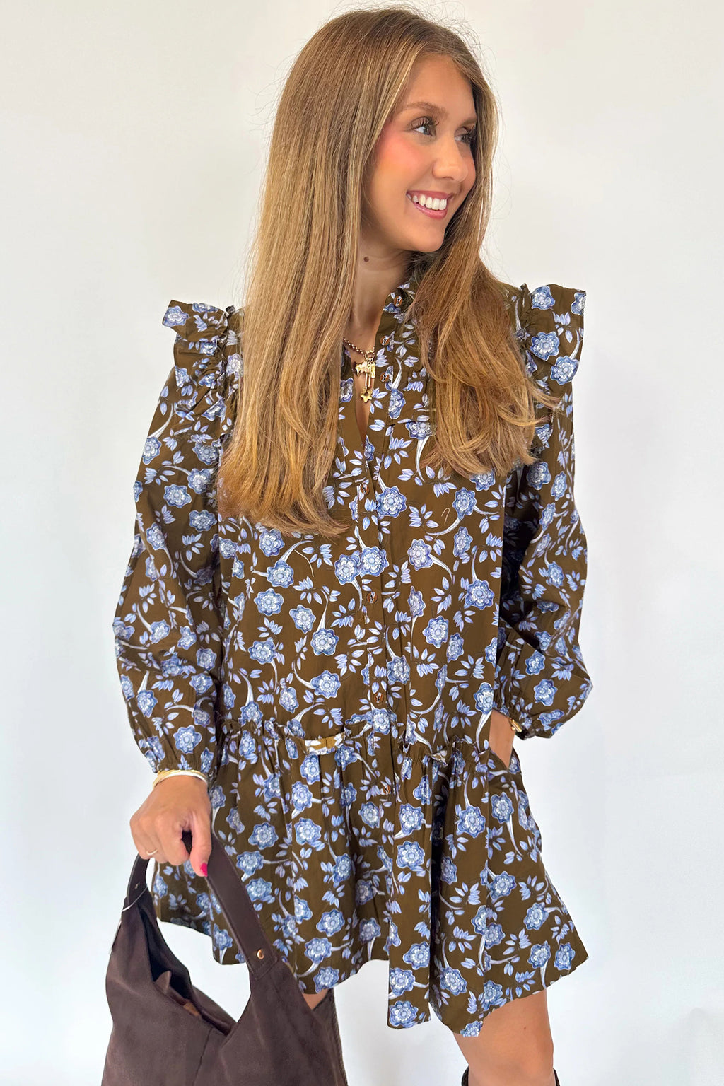 Vestito Donna Marrone Floreale con Rouches e Maniche Lunghe