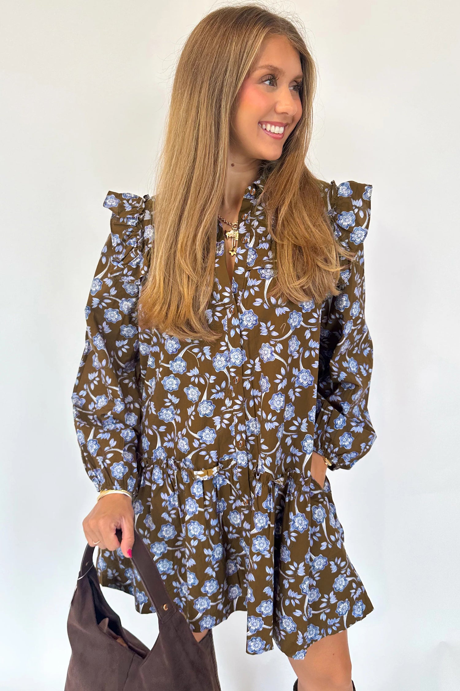 Vestito Donna Marrone Floreale con Rouches e Maniche Lunghe