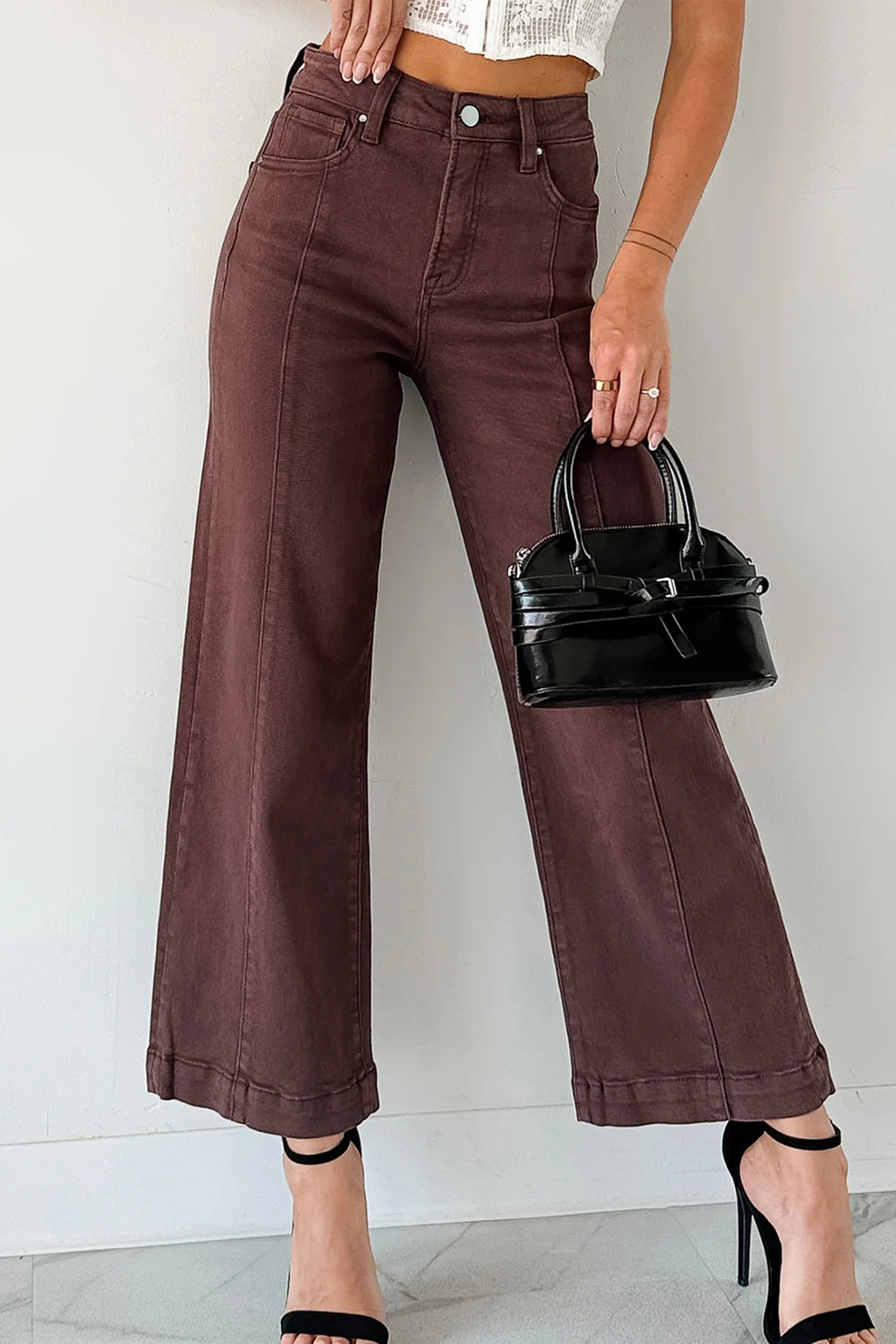 Jeans Donna Rosso a Gamba Larga Cropped con Cucitura Centrale