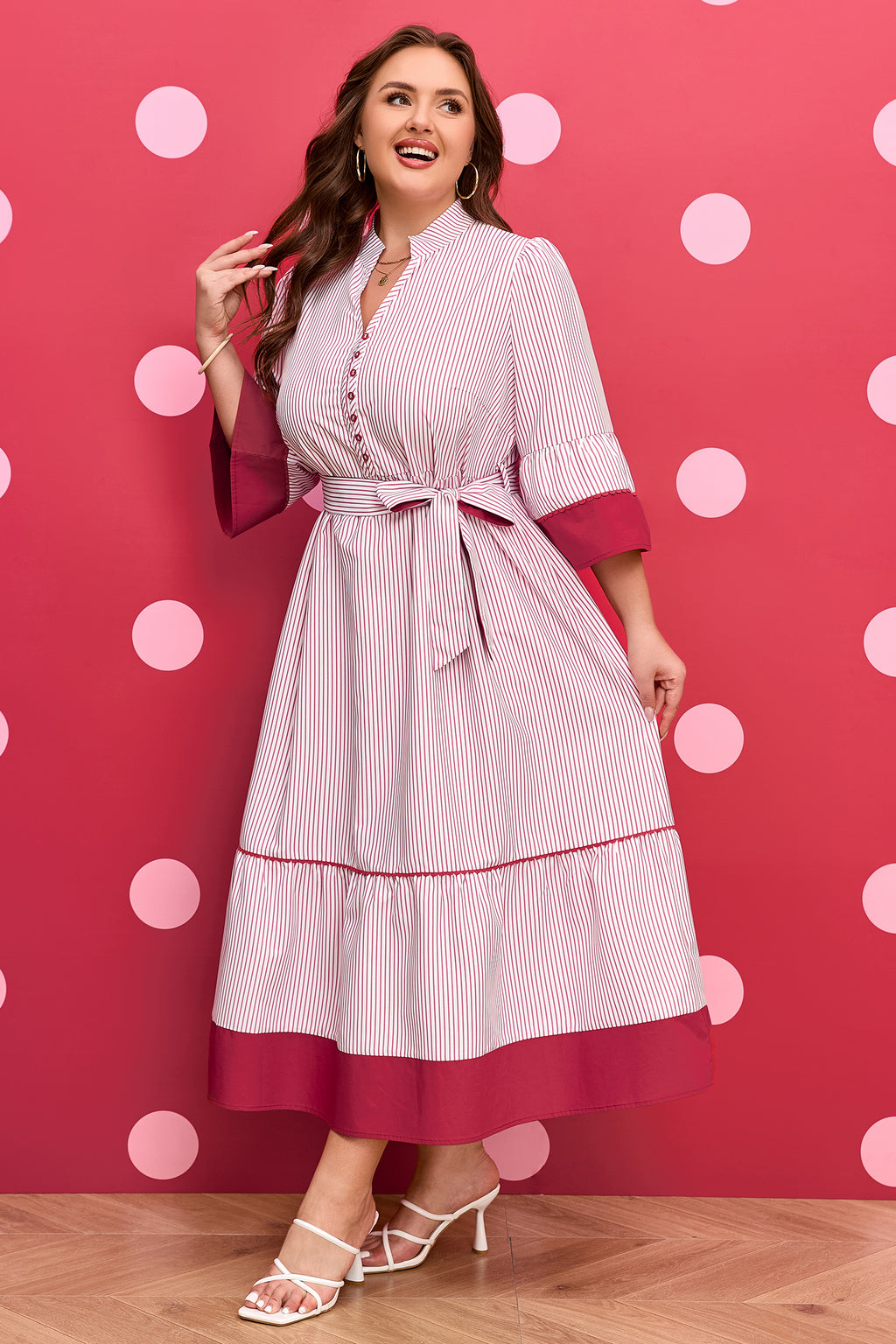Vestito Midi Donna Plus Size Rosso a Righe con Orlo a Ruche