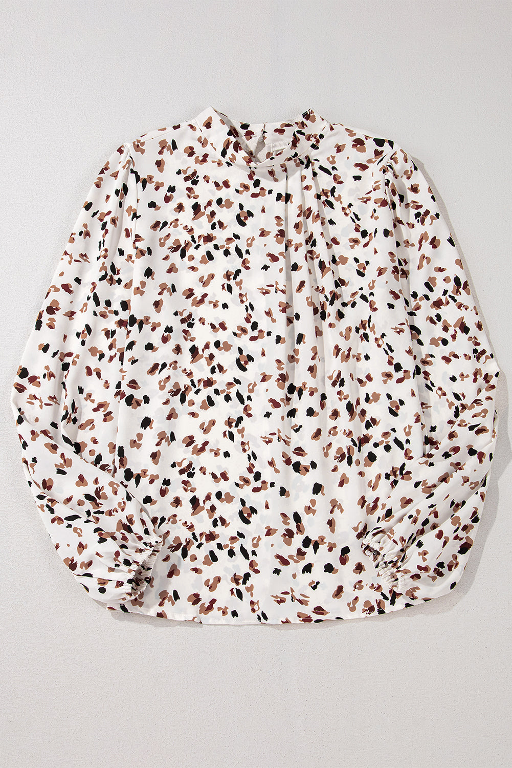 Blusa Donna Bianca con Stampa Leopardata, Maniche a Palloncino e Collo Alto