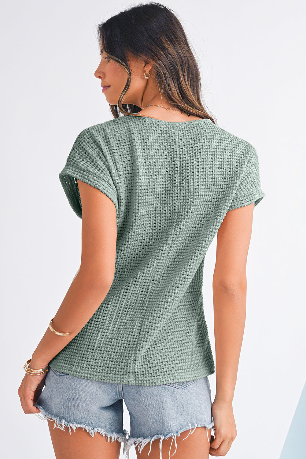 Top Donna Verde Nebbia in Maglia Waffle Patchwork con Dettaglio Traforato