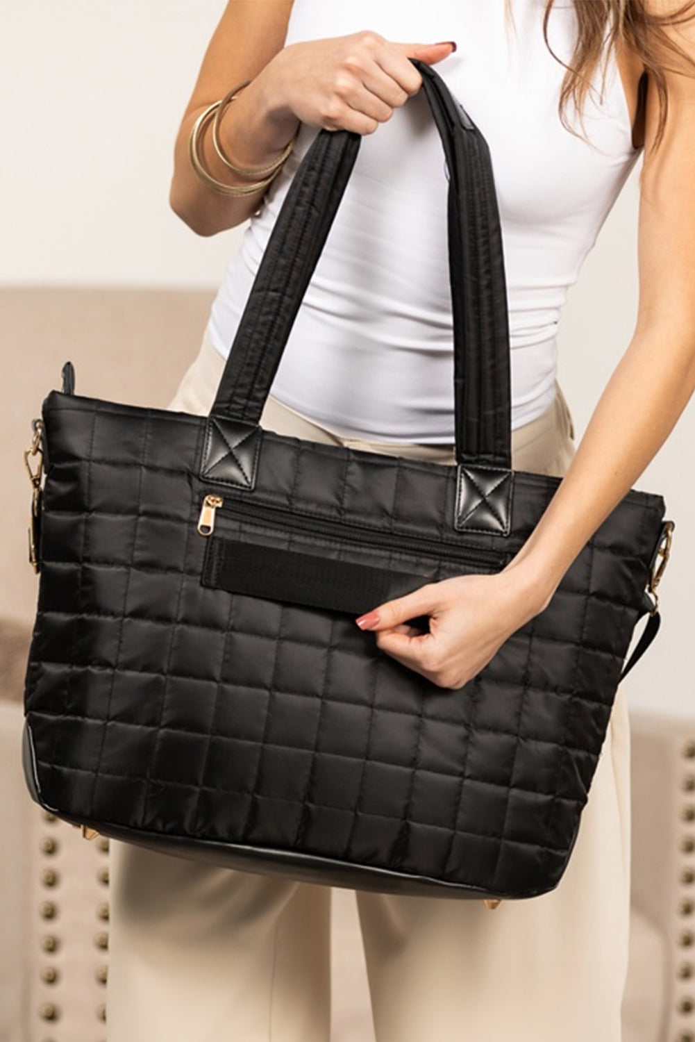Set 2 Pezzi Borsa Tote e Pochette Nera Trapuntata Patchwork