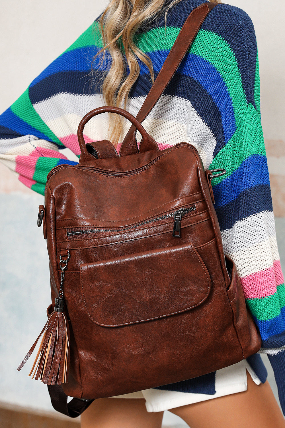 Zaino Donna Marrone Scuro Stile Retrò in PU con Nappine