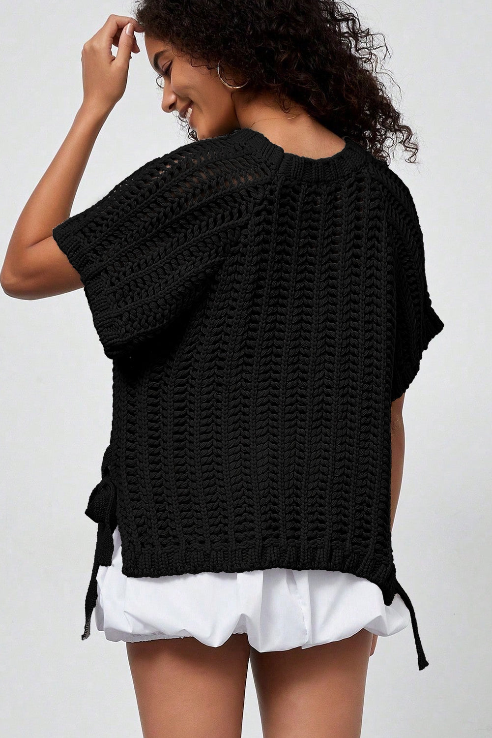 Maglione Donna Nero Plus Size a Maglia Aperta con Fiocchi Manica Corta