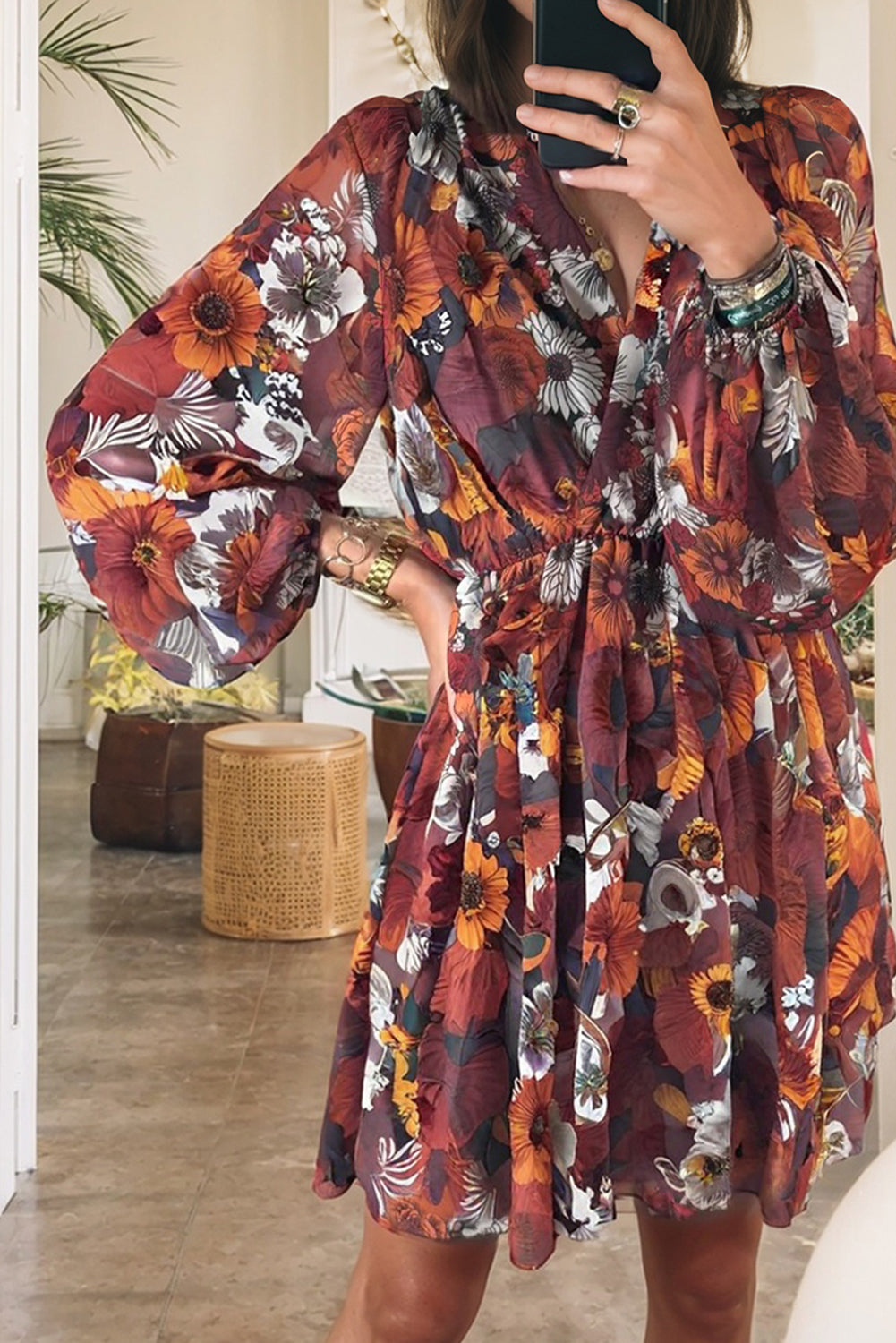 Mini Dress Donna Rosso Floreale Scollo a V con Maniche a Sbuffo
