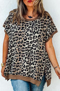 Top Donna Plus Size Kaki con Bordi Leopardati a Contrasto e Maniche Corte