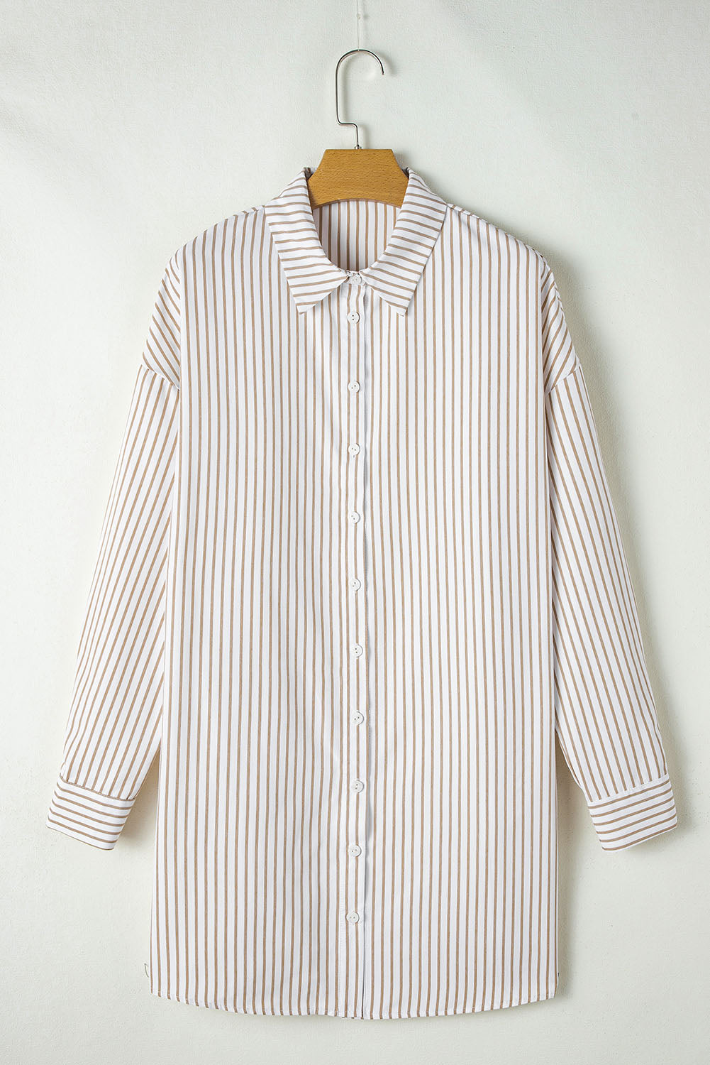 Mini Shirt Dress Donna Kaki a Righe con Bottoni e Maniche Lunghe