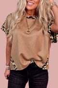 T-Shirt Donna Beige Chiaro Ampia con Bordo Leopardato