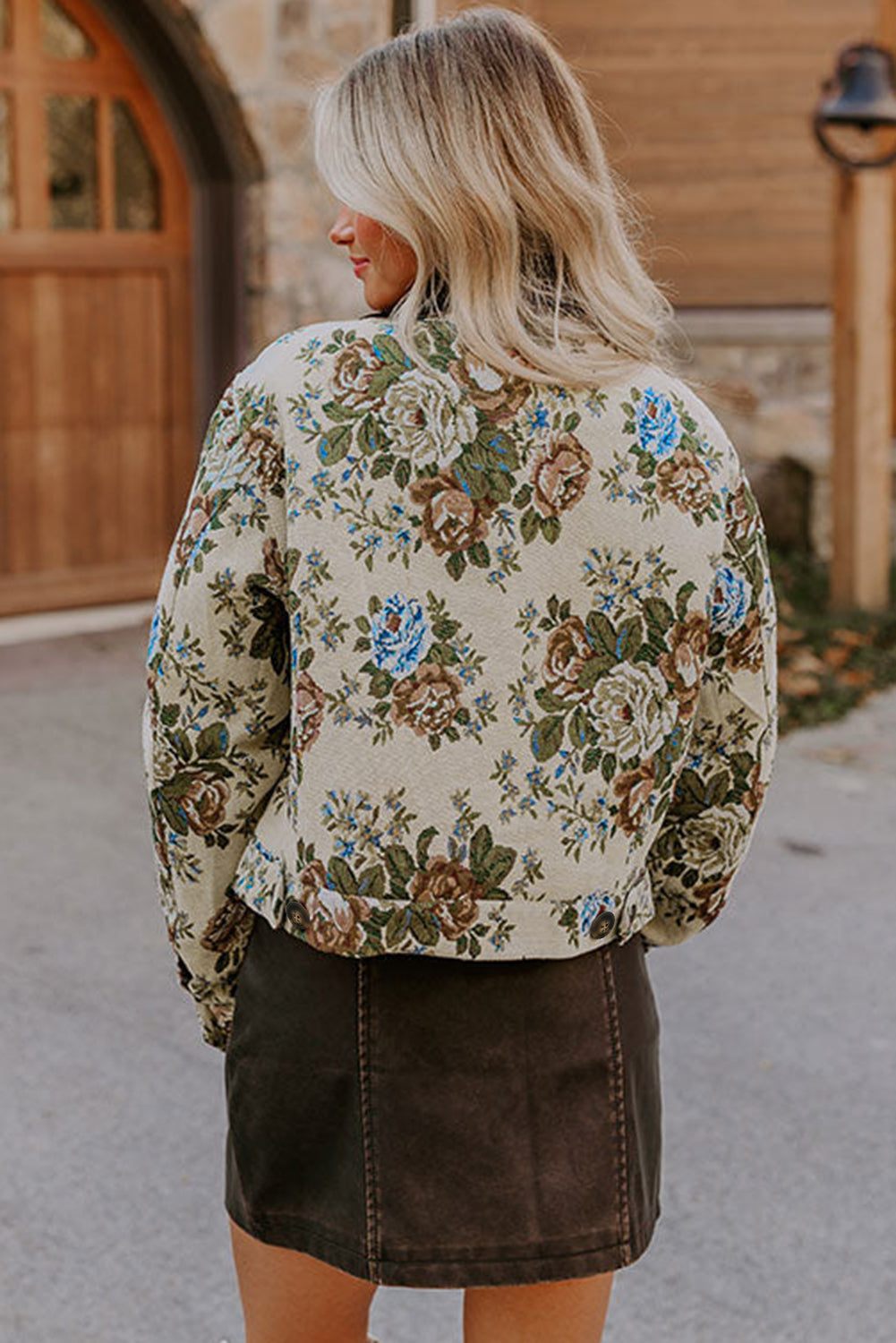 Giacca Donna Kaki con Stampa Floreale, Zip e Colletto a Contrasto