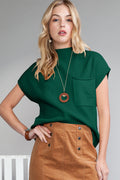 Maglione Donna Verde a Costine con Tasche a Toppa e Maniche Corte