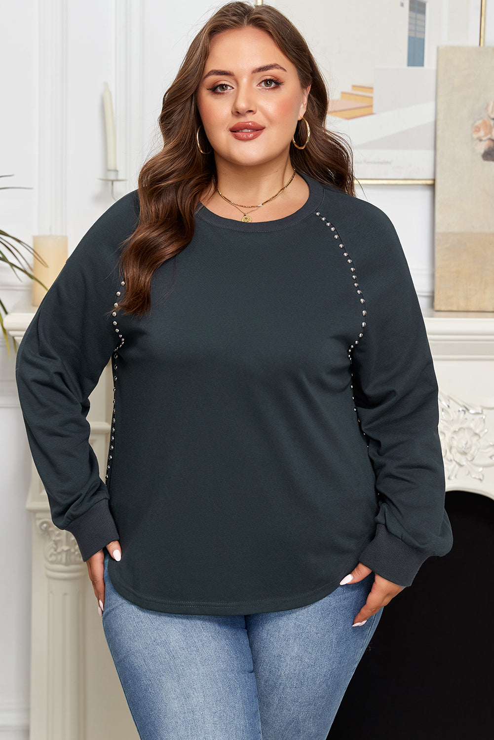 Maglione Donna Plus Size Nero con Bordi a Costine, Borchie e Lavaggio Minerale
