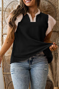 Blusa Donna Plus Size Nera con Scollo a Volant, Ruche e Maniche Corte a Costine