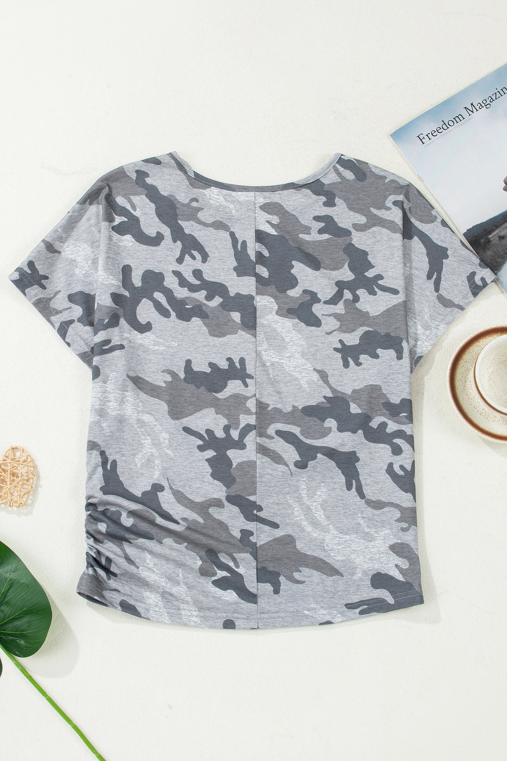 T-shirt Donna Grigia con Stampa Camouflage e Girocollo