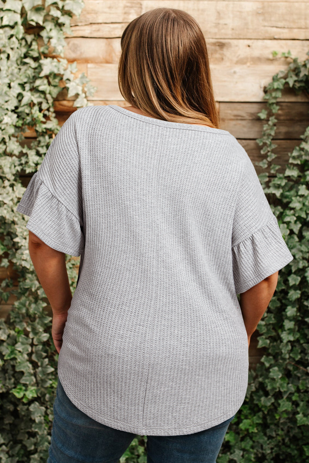 Top Donna Plus Size Grigio Chiaro in Waffle con Pizzo Patchwork e Maniche a Ruche