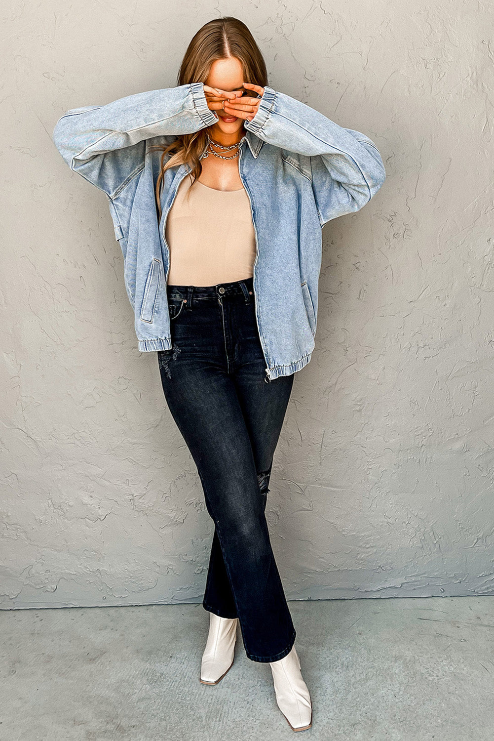 Giacca di Jeans Donna Azzurra con Colletto, Zip e Orlo Elastico