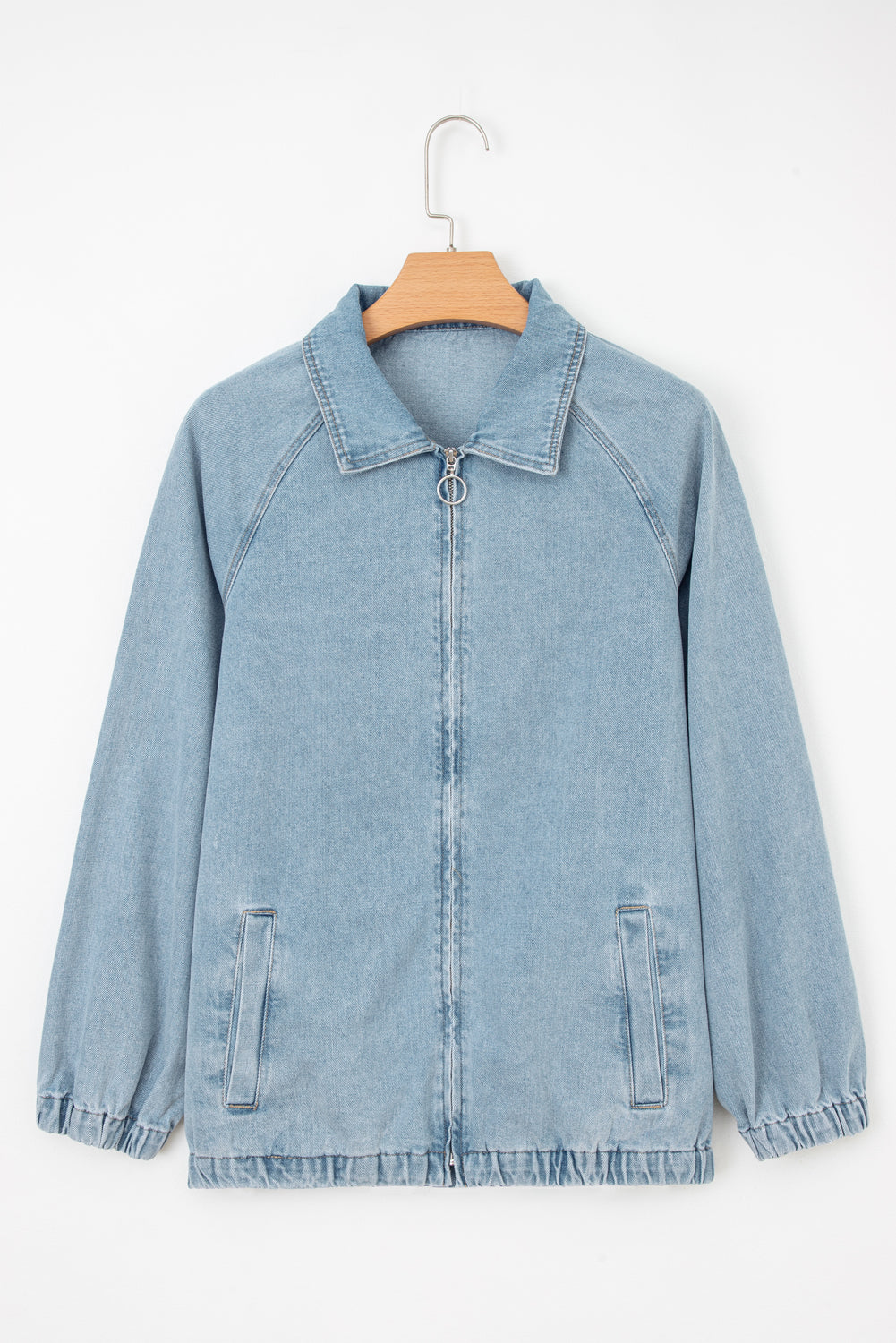 Giacca di Jeans Donna Azzurra con Colletto, Zip e Orlo Elastico