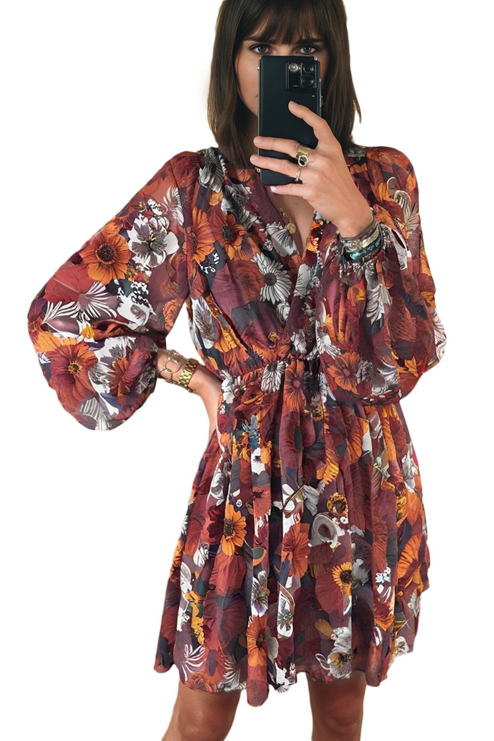 Mini Dress Donna Rosso Floreale Scollo a V con Maniche a Sbuffo